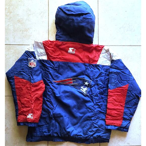 New England Patriots 90s STARTER puffer Pullover jacket yth L blue NFL Pro vtg - Picture 2 of 12